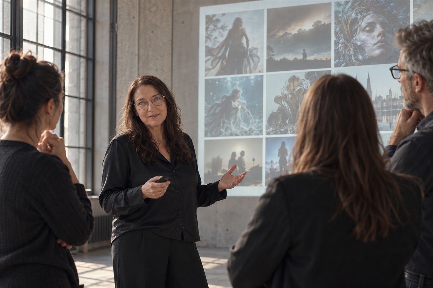 Eine Gruppe steht vor einer Betonwand, auf die ein Raster generierter Bilder projiziert wird. Bianca spricht dazu, einen Presenter in der Hand.