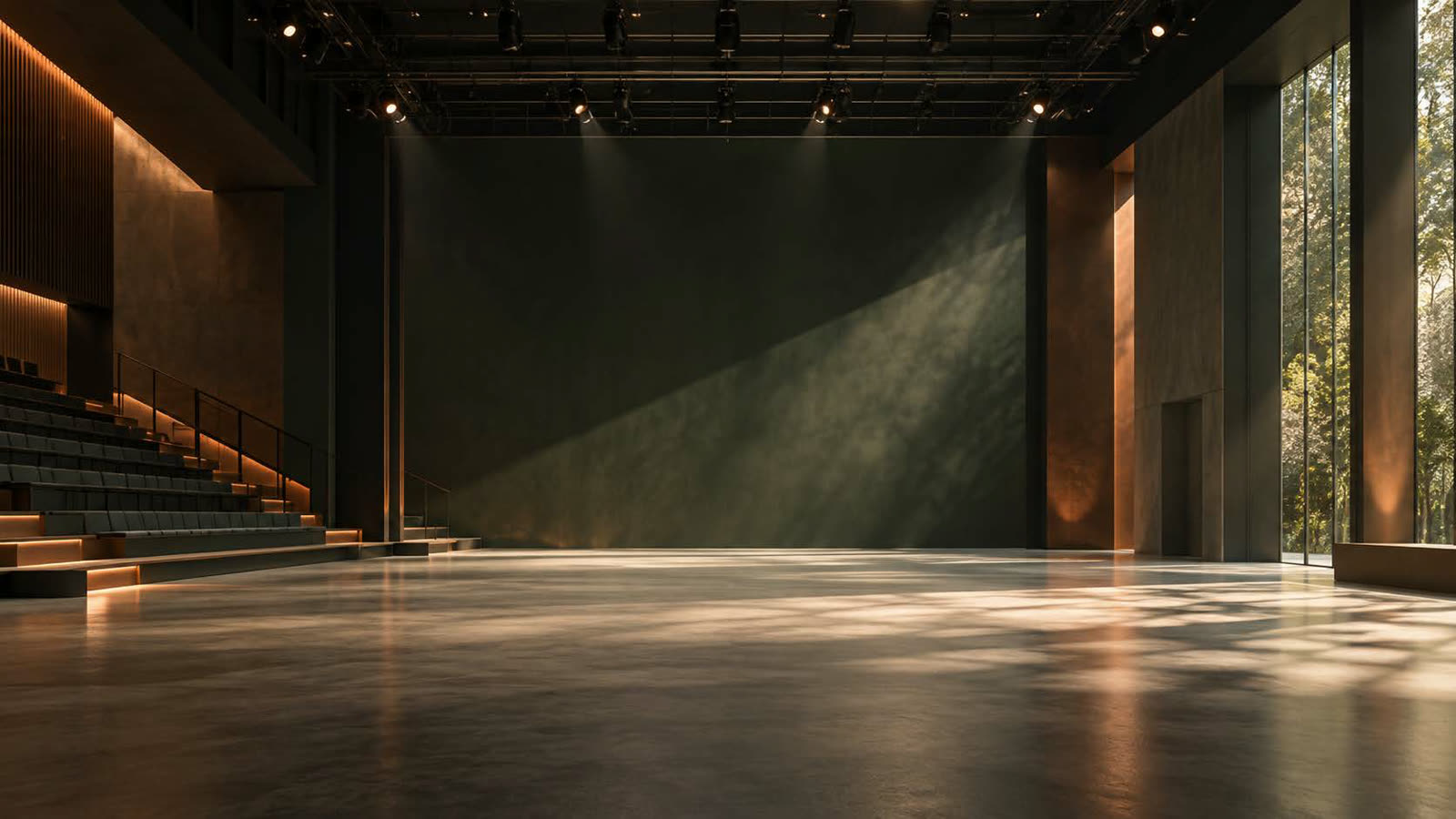 Ein leerer, moderner Theaterraum: Scheinwerfer unter der Decke, links Zuschauerreihen, Sonnenlicht fällt schräg auf eine dunkelgrüne Wand, rechts eine Glasfront zum Wald.
