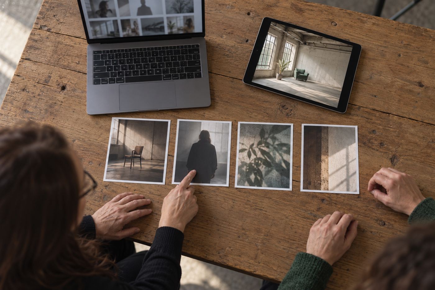 Blick von oben auf einen Arbeitstisch mit Laptop, Tablet und vier Ausdrucken, zwei Personen zeigen darauf.