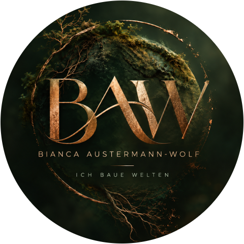Logo von Bianca Austermann-Wolf: die Buchstaben BAW in Kupfer vor einer bemoosten Weltkugel mit Wurzeln, darunter der Name und „Ich baue Welten