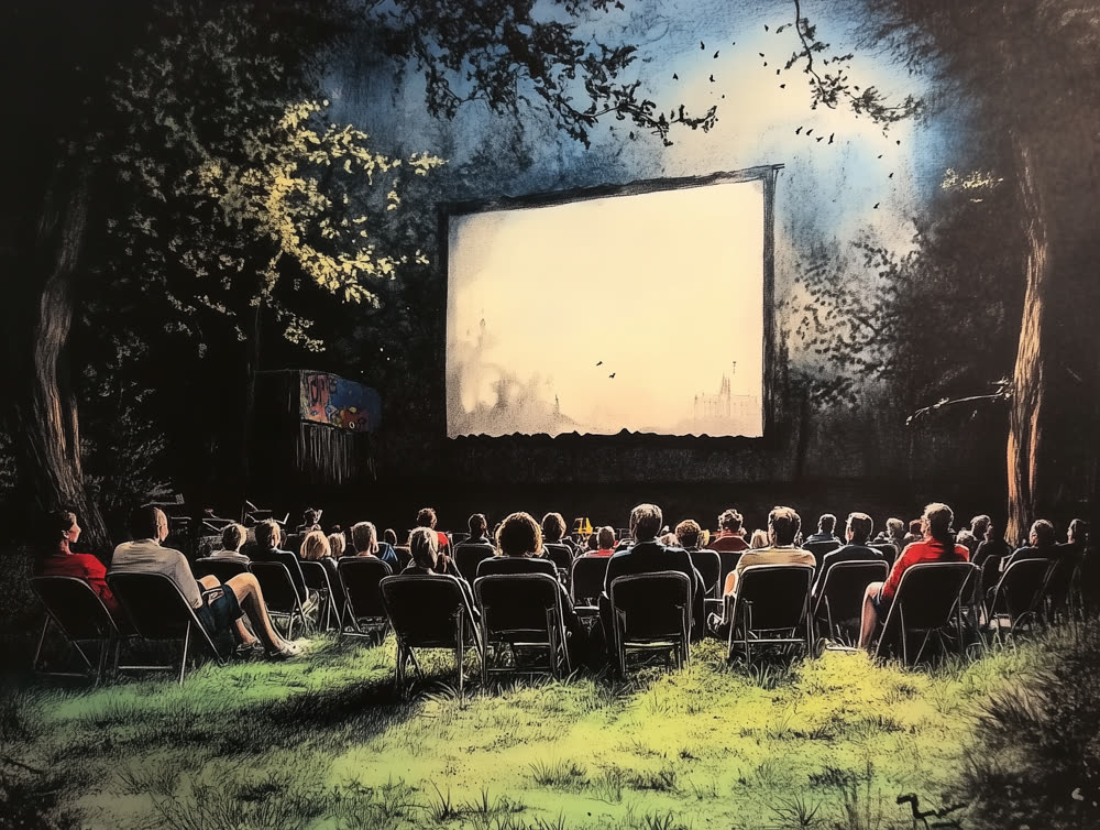 Midjourney 2024: Freiluftkino in Kreuzberg, gezeichnet
