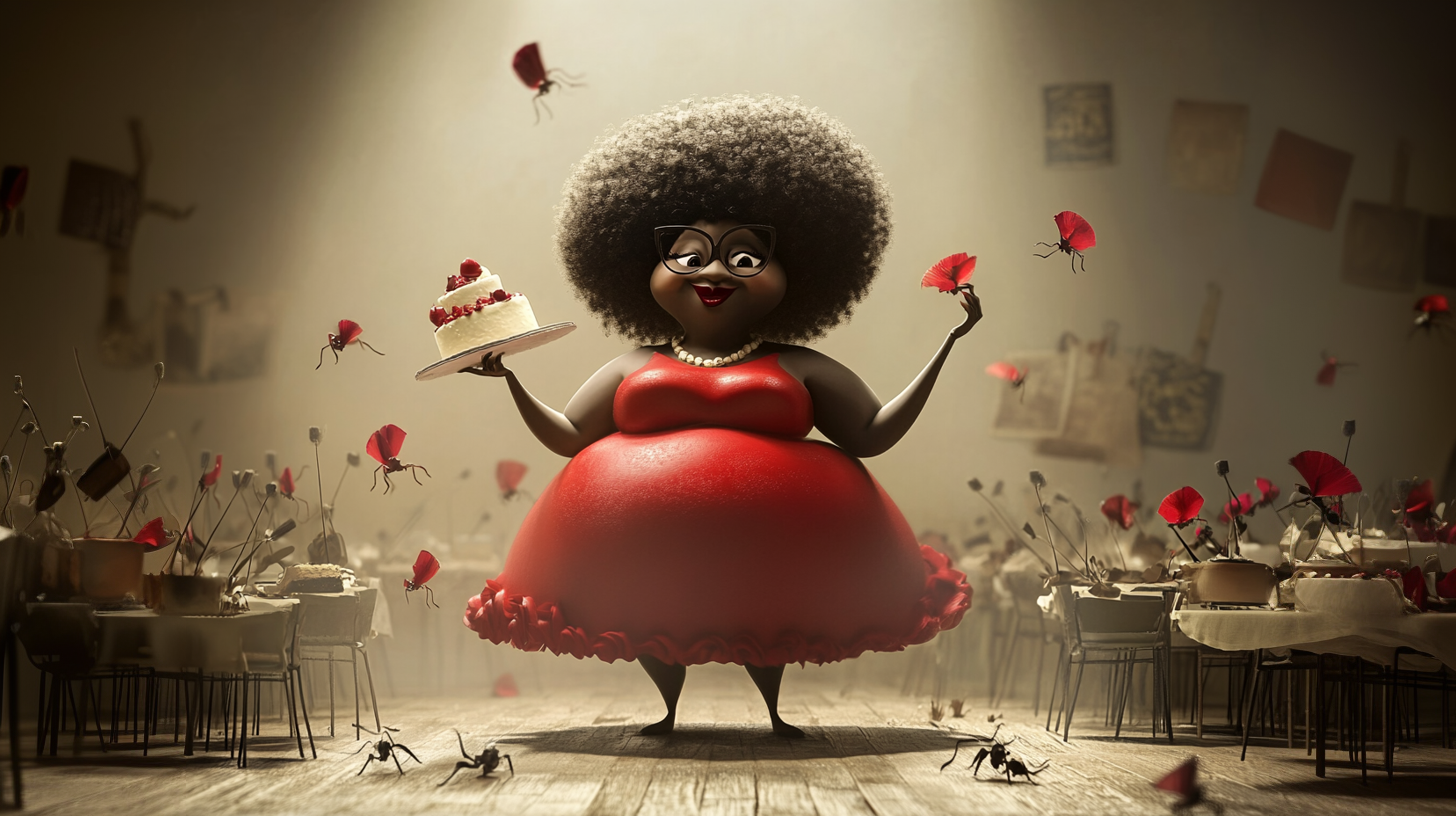 Amira: eine Frau mit großem Afro, Brille und rotem Rüschenkleid steht lachend in einem Saal, auf der einen Hand eine Torte, um sie herum schweben Ameisen mit Mohnblütenflügeln.