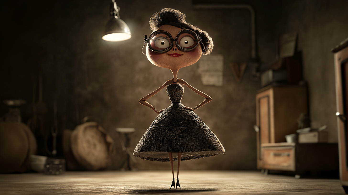 Estelle: eine schmale Figur mit hochgestecktem Haar, riesiger Schweißerbrille und weitem dunklem Rock, unter einer einzelnen Lampe in einer Werkstatt, die Hände in die Hüften gestemmt.
