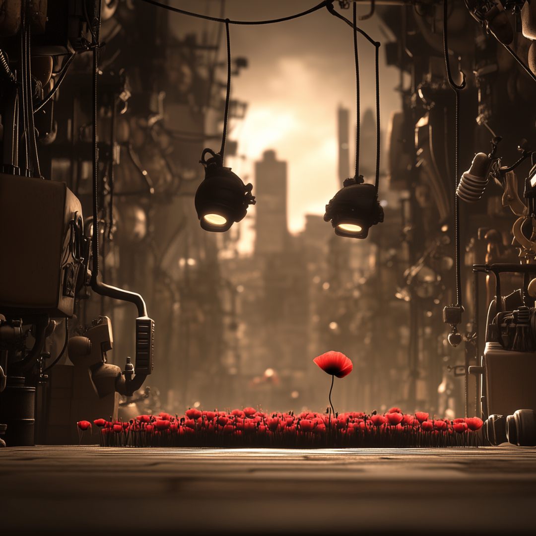 Ein Feld roter Mohnblumen unter zwei Bühnenscheinwerfern, dahinter die Silhouette der Stadt im Dunst.