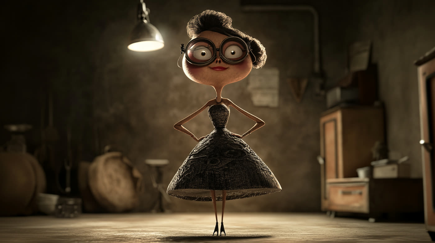 Estelle: eine schmale Figur mit hochgestecktem Haar, riesiger Schweißerbrille und weitem dunklem Rock, unter einer einzelnen Lampe in einer Werkstatt, die Hände in die Hüften gestemmt.