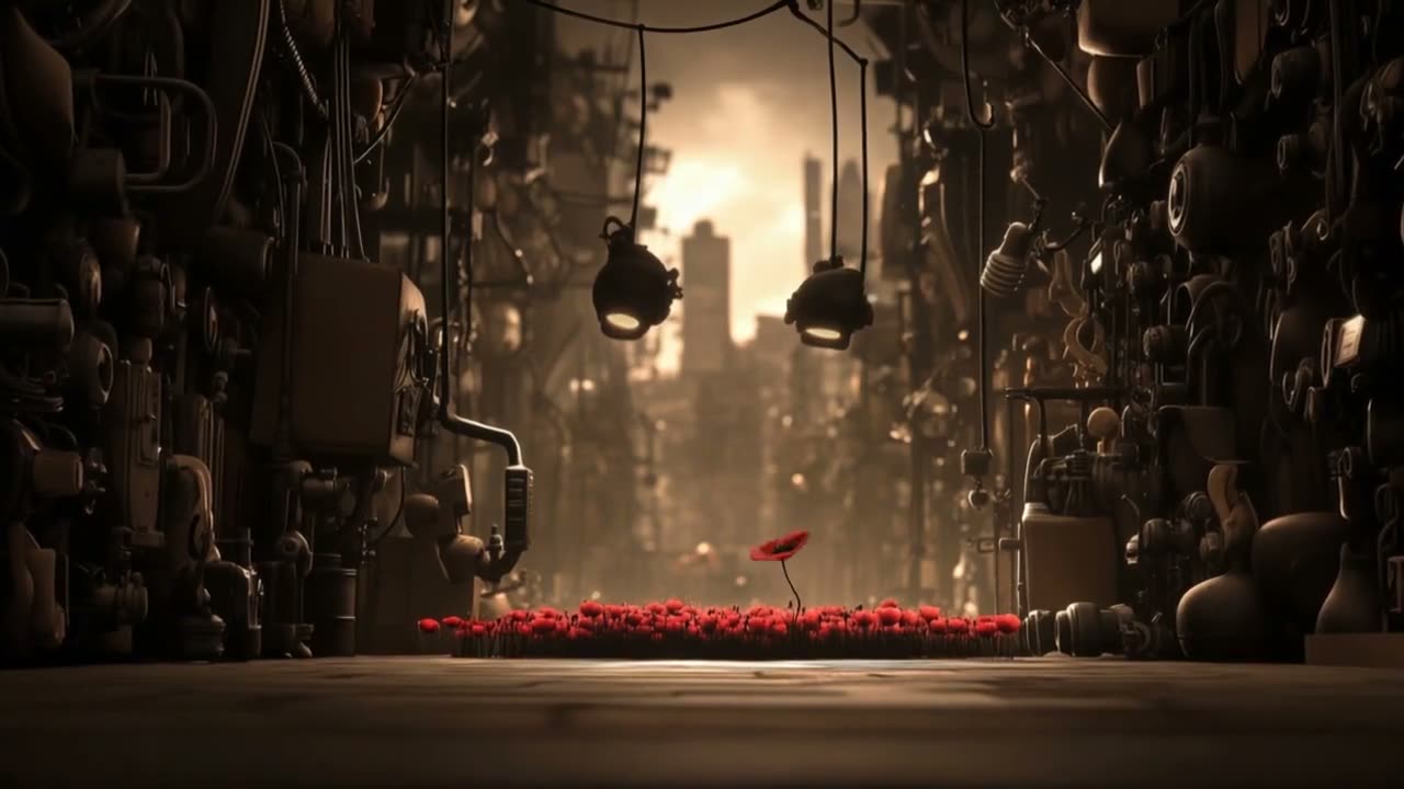Ein Feld roter Mohnblumen vor einer Wand aus Rohren und Maschinen, zwei Scheinwerfer hängen herab, dahinter eine Stadt im Dunst. Mit KI erzeugt.