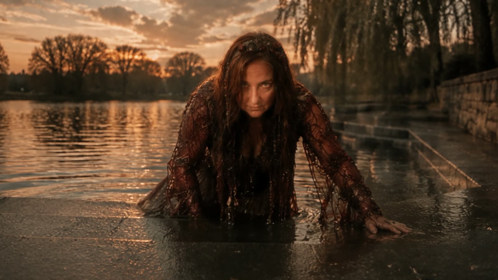 Mimigerna, eine Frau mit nassem rotem Haar, steigt im Abendlicht aus einem See. Mit KI erzeugt.